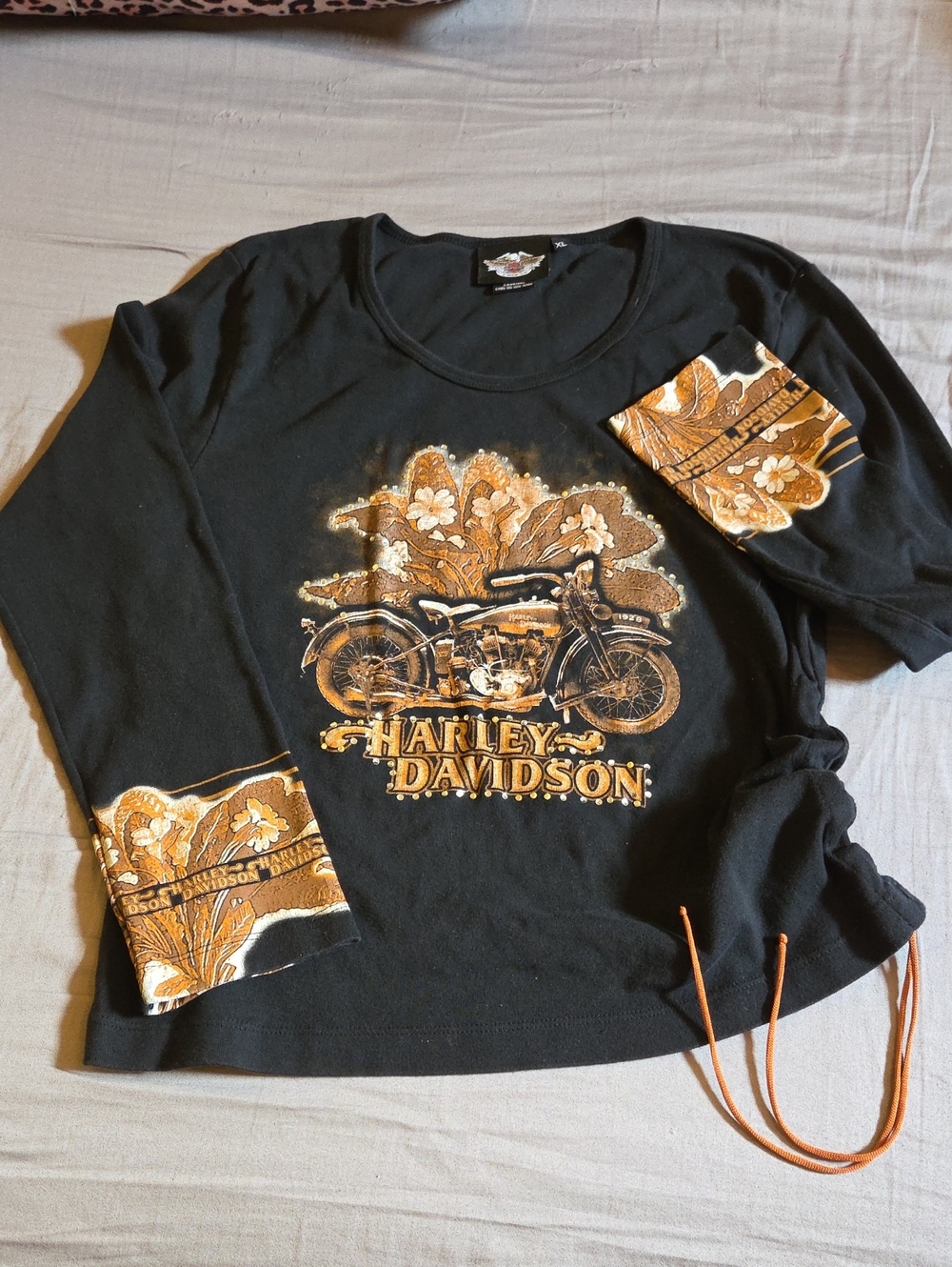 Harley-Davidson Black Long Sleeve Top with Floral Motorcycle Graphic